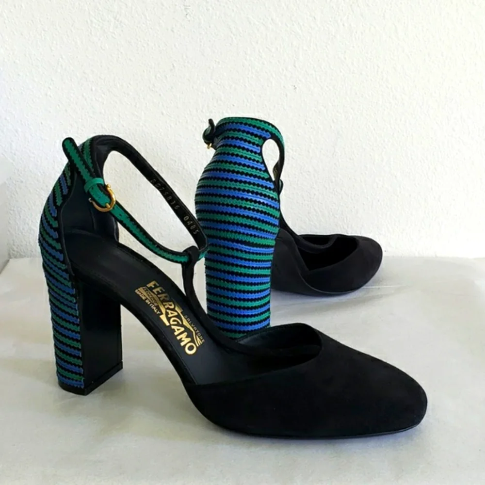 NWOT Salvatore Ferragamo Fergie Suede/Leather T-strap Shoes Size 9 1/2 … - Picture 3 of 11